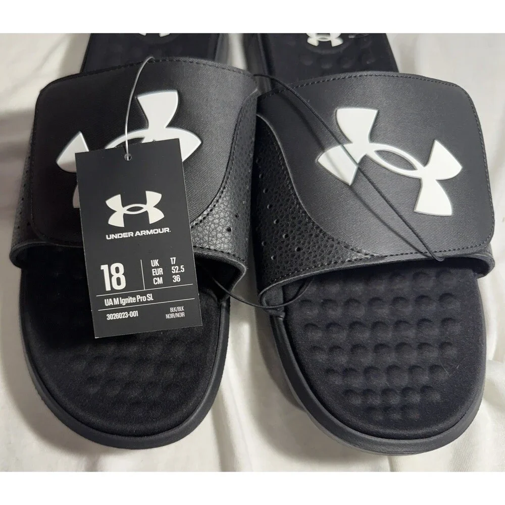 NEW NWT Under Armour Ignite Pro SL Slides Black White Mens size 18 Summer Shoes